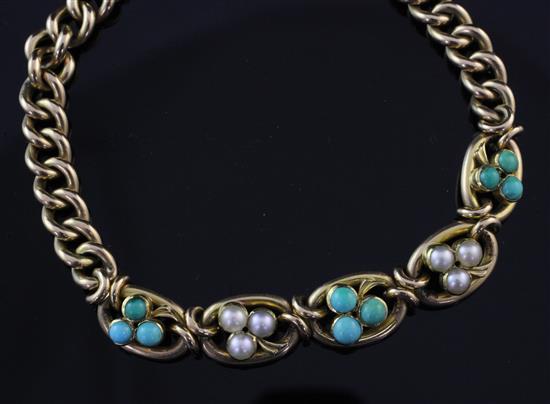 An early 20th century 15ct gold, turquoise and seed pearl curb link bracelet,